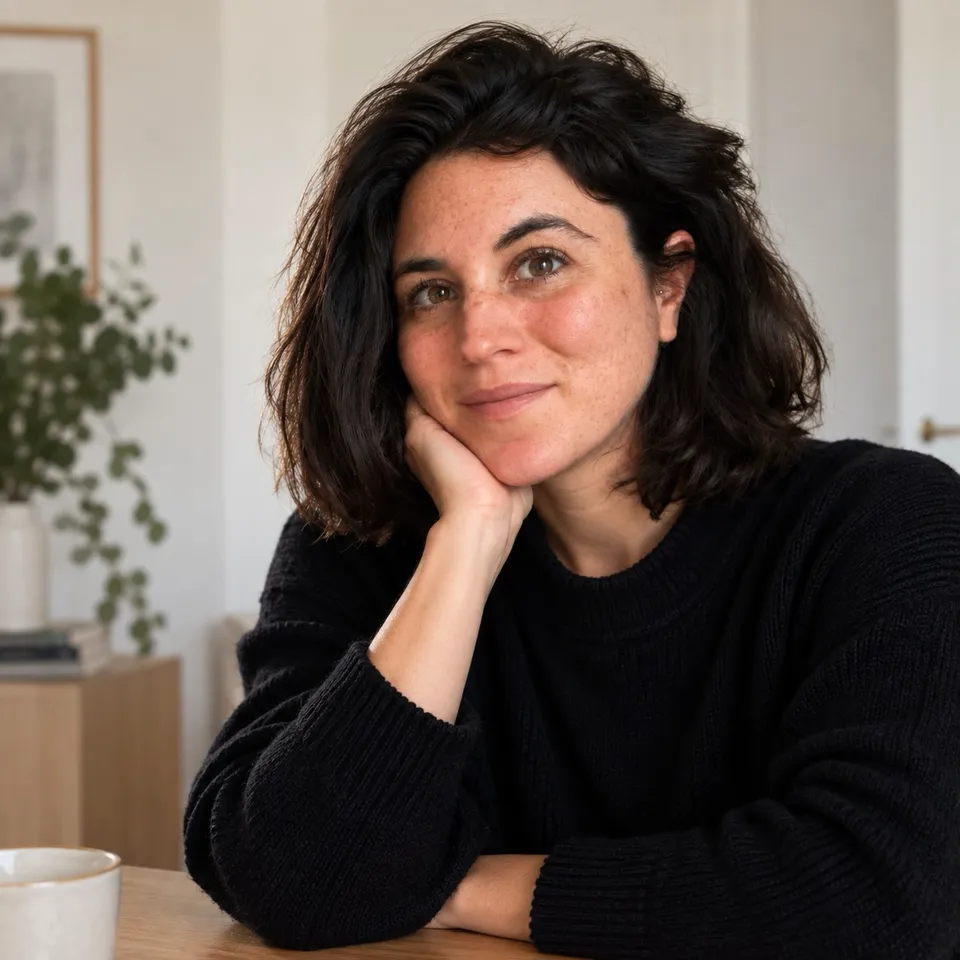Miriam Tzur at a wooden table, smiling, resting her chin on her hand
